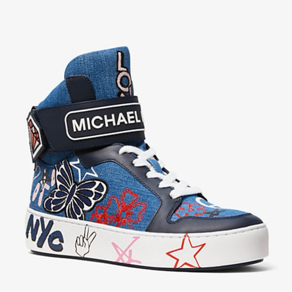 NIB MICHAEL Michael Kors Trent Embroidered Denim High-Top Sneaker - Sz 6.5